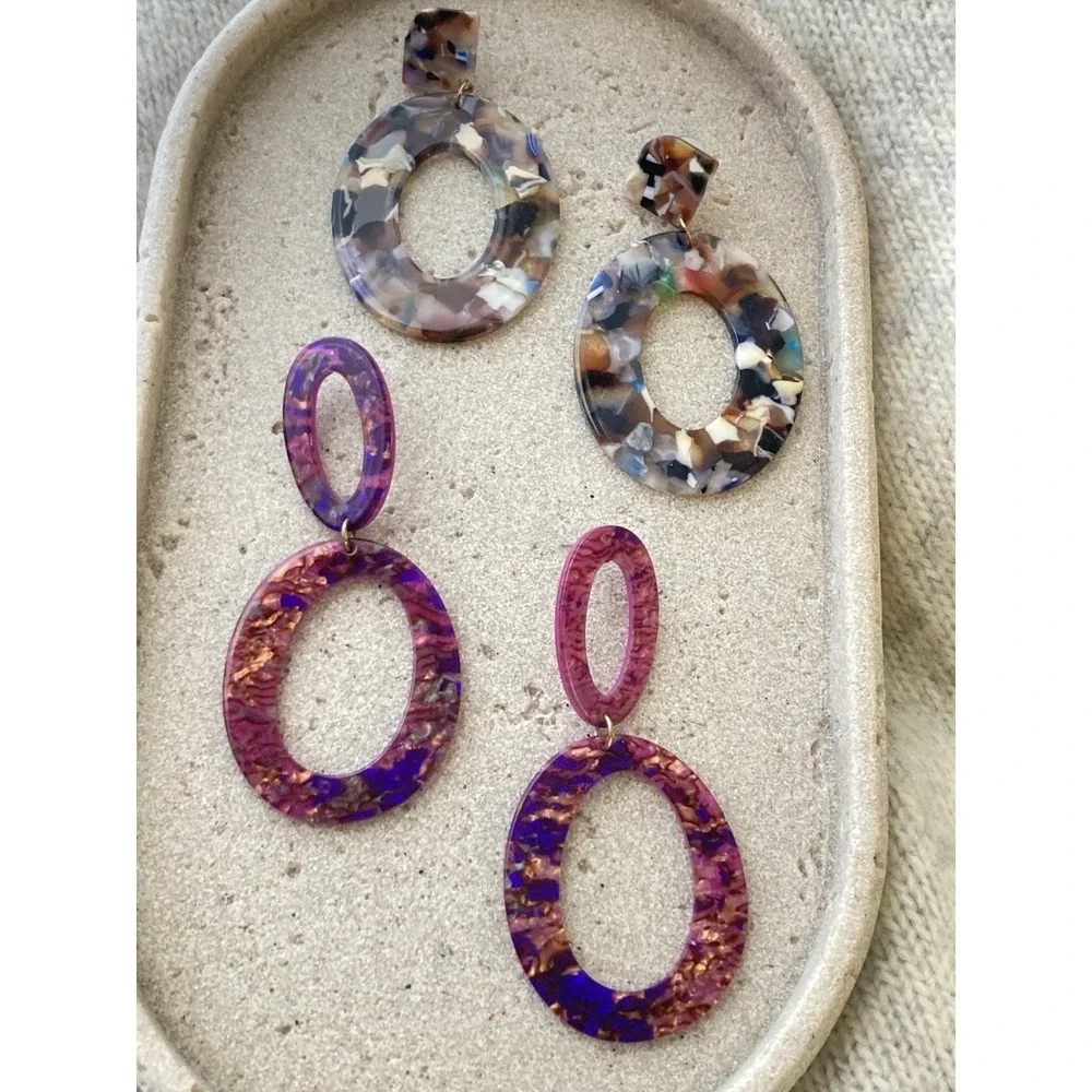 Retro Resin Dangle Earrings Set Of 2 80's Style‎ Open Oval Acrylic Statement